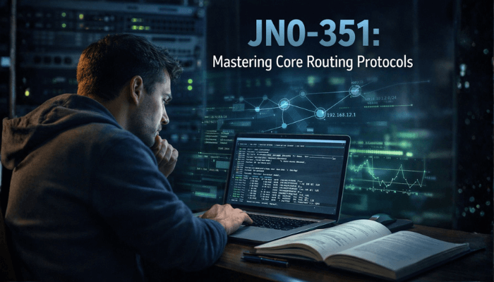 A person in a realistic setting, deeply focused on a laptop showing network configurations, with Juniper hardware in the background, representing study for the JN0-351 exam.