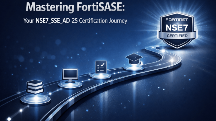 A digital roadmap illustrating the stages of preparation for the Fortinet NSE7_SSE_AD-25 certification, leading to a glowing achievement badge. The path symbolizes a structured learning journey.