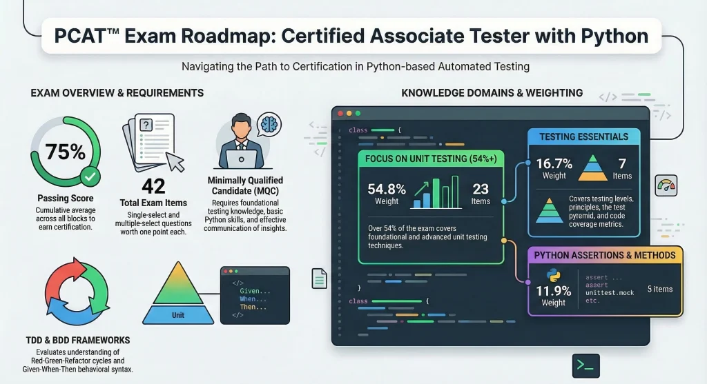 Infographic showing the PCAT Certified Associate Tester with Python exam roadmap, including exam requirements, passing score, knowledge domains, unit testing focus, and Python assertions and testing methods.
