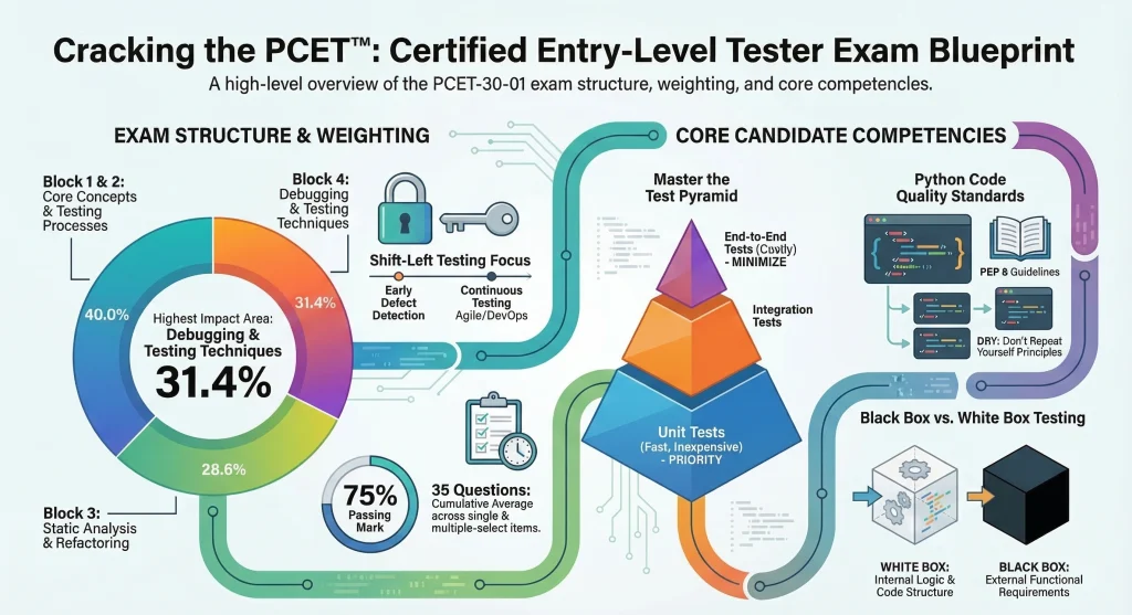 Infographic illustrating the PCET Certified Entry-Level Tester exam blueprint, including exam structure, domain weightings, test pyramid model, Python code quality standards, and black-box vs white-box testing concepts.