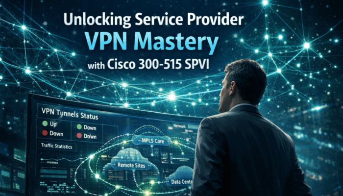 A network professional observes a holographic display of a complex service provider VPN network topology, symbolizing expertise in the Cisco 300-515 SPVI exam's focus on VPN implementation.