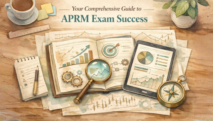 An open book or tablet on a minimalist desk displaying study tools and financial diagrams, representing a comprehensive guide for APRM exam success.