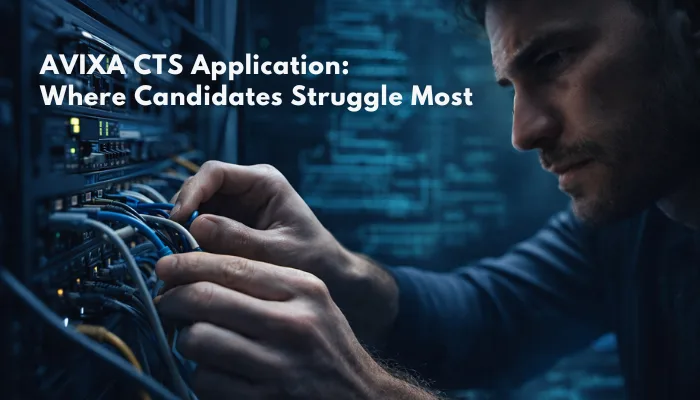 An AV professional's hands troubleshooting complex wiring in a server rack, illustrating the practical application challenges of the AVIXA CTS exam.