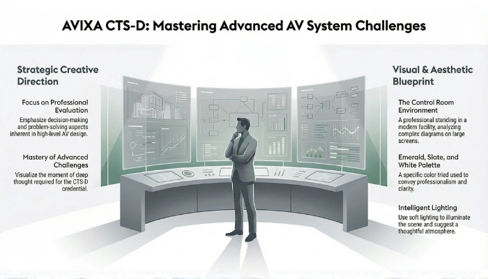A professional in a high-tech control room analyzing a complex AV system diagram, symbolizing the challenge-solving expertise validated by the AVIXA CTS-D certification.