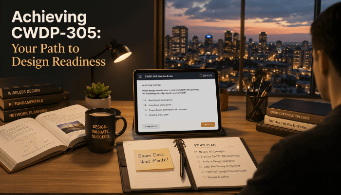 A professional's desk with study materials and a tablet displaying a CWDP-305 practice exam, set against a city skyline, representing dedicated preparation and future career prospects.