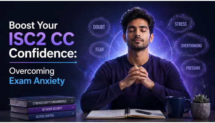 Calm male professional meditating at a desk with glowing elements symbolizing overcoming exam anxiety and building confidence.