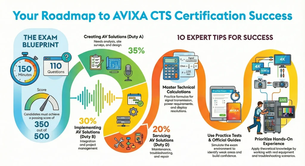 nfographic showing AVIXA CTS certification roadmap, including exam format, scoring, topic weightage, and expert preparation tips.