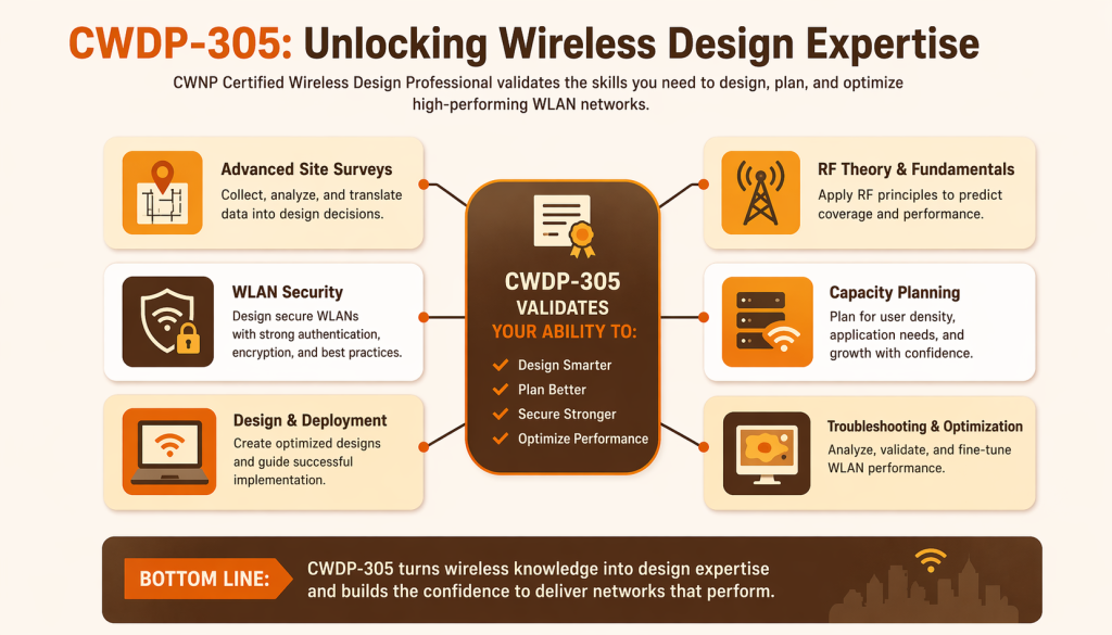 An infographic detailing the CWDP-305 professional journey, from foundational study and design principles to exam readiness and career growth, structured in a clear matrix format.