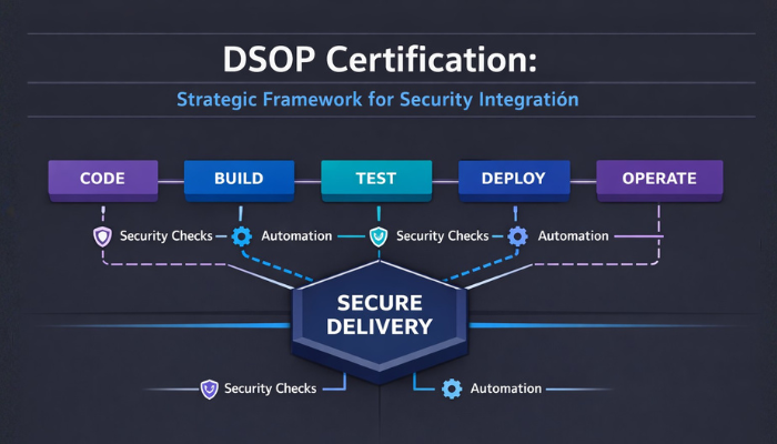 An isometric illustration showing secure, interconnected software delivery pipelines, symbolizing the DevSecOps Practitioner's role in building resilient digital futures.