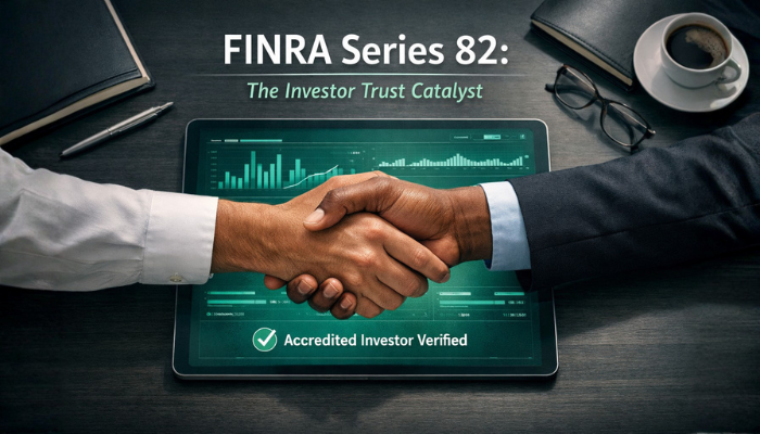 Two professionals shaking hands over a tablet displaying verified financial data, illustrating trust and compliance facilitated by FINRA Series 82 expertise in private offerings.
