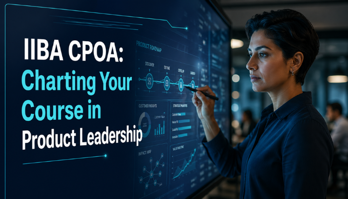 A professional outlines a strategic product roadmap on an interactive display, symbolizing the IIBA CPOA's focus on product leadership and vision.