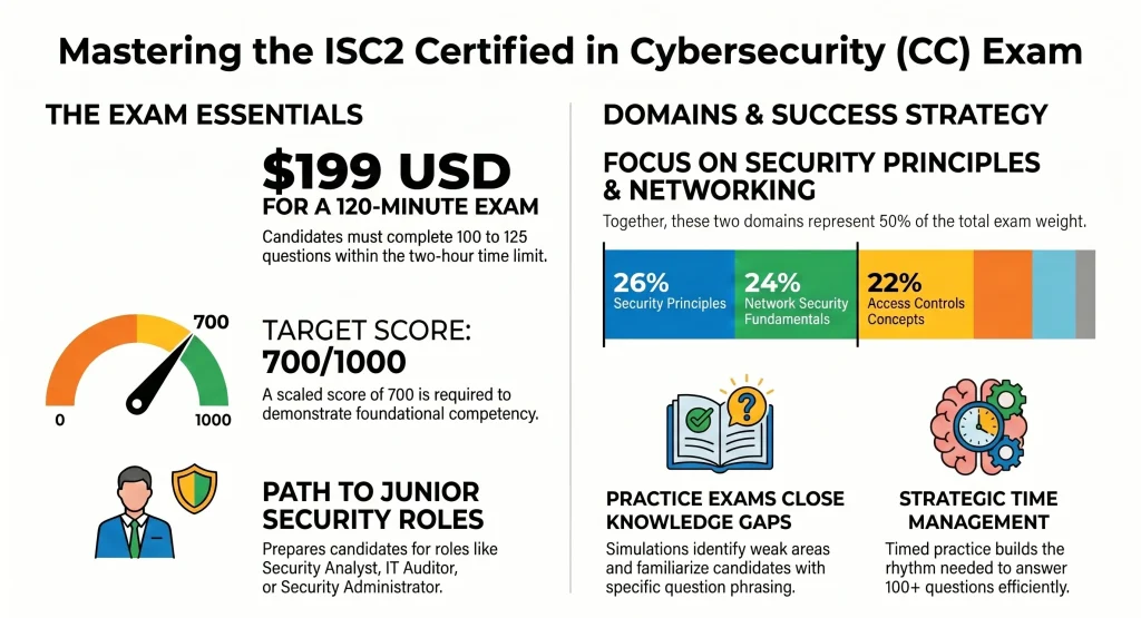 Clean infographic explaining ISC2 CC exam essentials, domains, scoring, and preparation strategies.