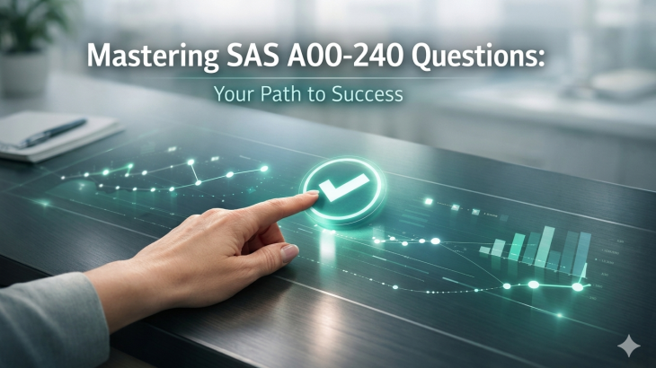 A hand interacts with a minimalist touchscreen displaying data points, set on a modern desk, symbolizing the focused effort required to master SAS A00-240 exam questions for success.