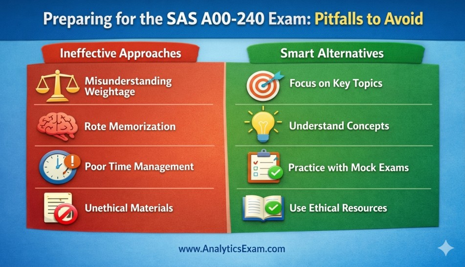 Infographic highlighting common pitfalls to avoid during SAS A00-240 exam preparation, such as misunderstanding weightage and rote memorization, contrasted with smart, ethical study alternatives