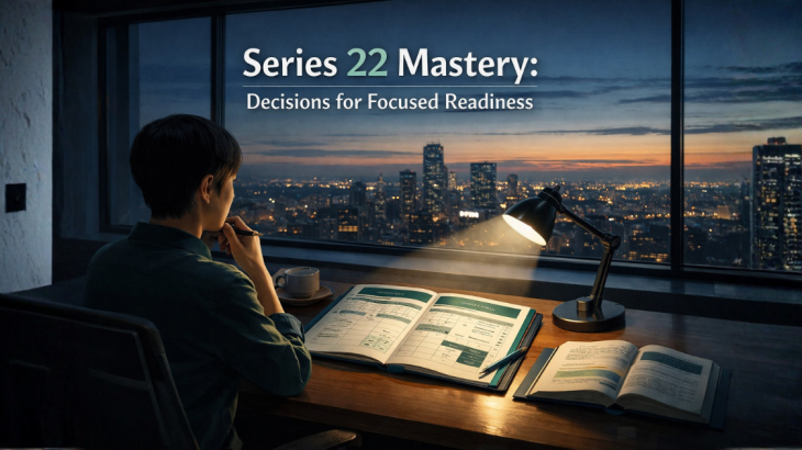 A professional at a desk reviewing a Series 22 study planner, bathed in a focused light, symbolizing strategic decision-making for exam readiness.