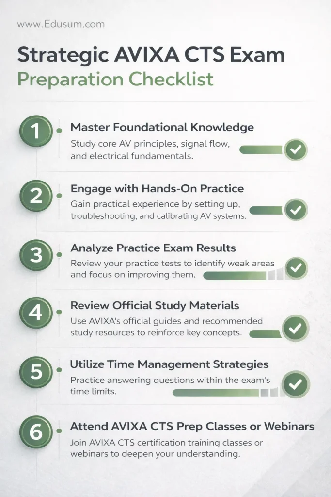 An infographic providing a strategic checklist for AVIXA CTS exam preparation, outlining key steps for readiness and effective study.