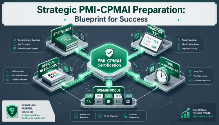 An isometric 3D illustration of a strategic blueprint for PMI-CPMAI exam preparation, showing interconnected elements like study guides and practice tests for certification success.
