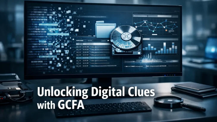 A modern workstation displays digital forensic data, graphs, and a hard drive visualization on a widescreen monitor, with the text Unlocking Digital Clues with GCFA highlighting cybersecurity analysis and investigation.