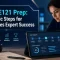 An adult woman deeply focused on a tablet showing a structured study plan for the AD0-E121 certification. The scene highlights strategic preparation and determination.