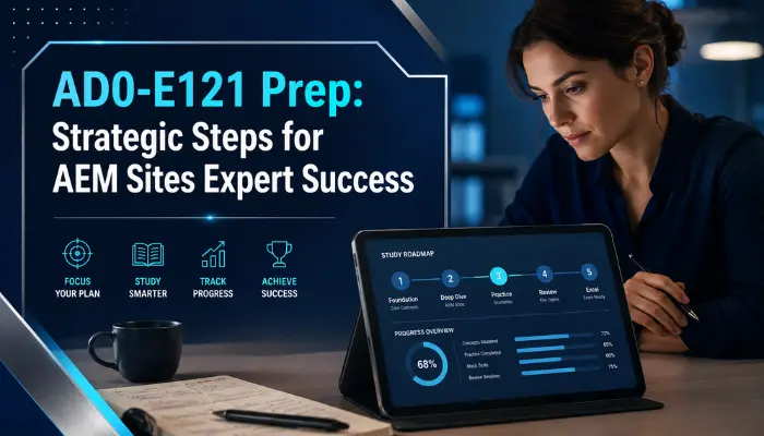 An adult woman deeply focused on a tablet showing a structured study plan for the AD0-E121 certification. The scene highlights strategic preparation and determination.