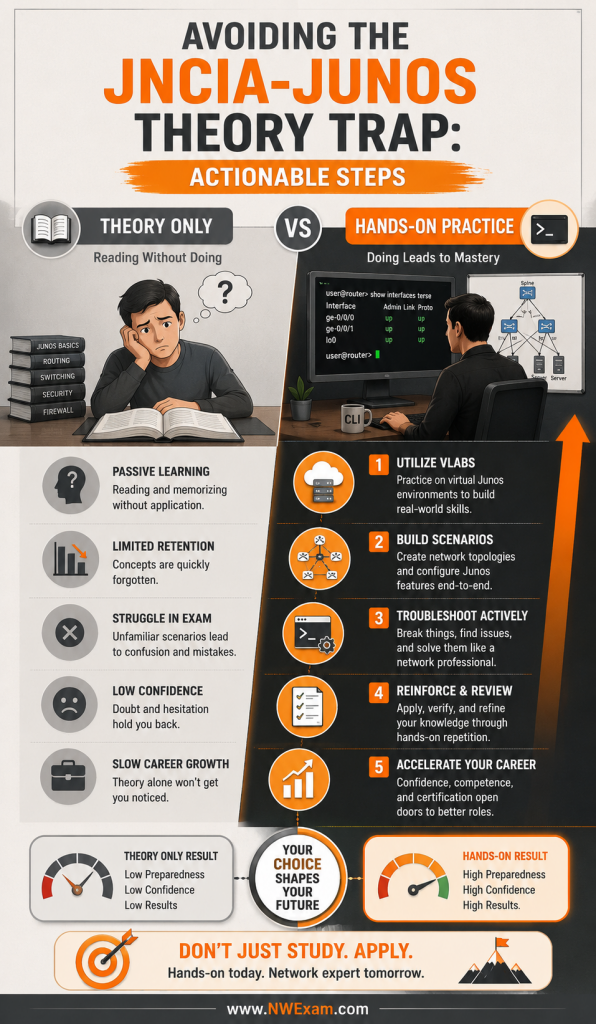 Infographic contrasting theoretical JNCIA-Junos study with practical hands-on application, illustrating how active engagement leads to better JN0-106 exam success and career progression.