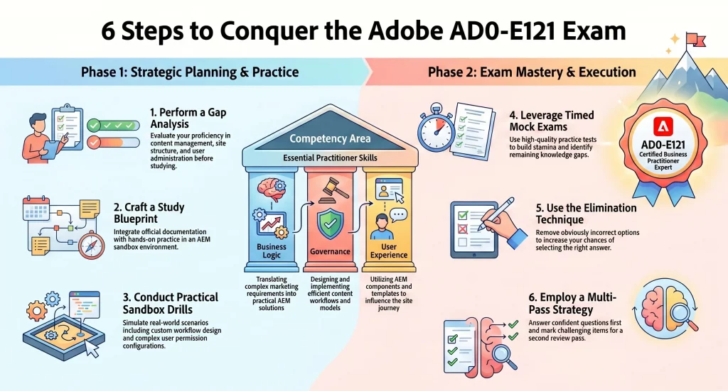 Infographic outlining six strategic steps to prepare for and conquer the Adobe AD0-E121 AEM Sites Expert exam.