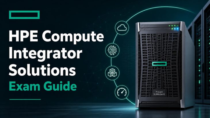 HPE Compute Integrator Solutions Exam Guide banner with server, cloud, AI and infrastructure icons.