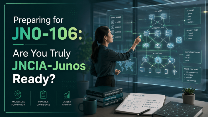 A focused adult woman evaluates a detailed holographic network diagram, representing the critical assessment of readiness for the JNCIA-Junos JN0-106 exam. The image conveys strategic preparation and decision-making.