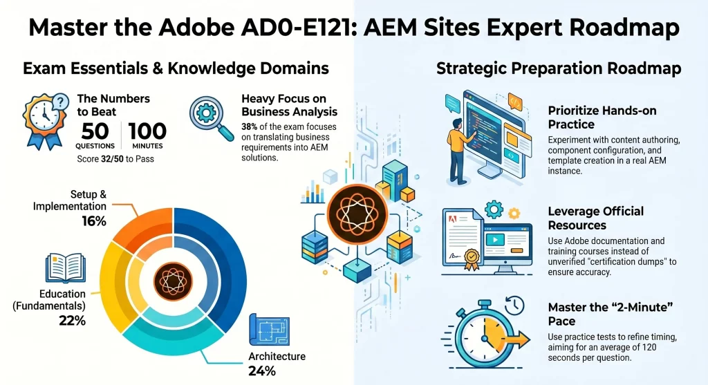 Infographic showing the Adobe AD0-E121 AEM Sites Expert certification roadmap with exam domains, preparation strategies, and study tips.