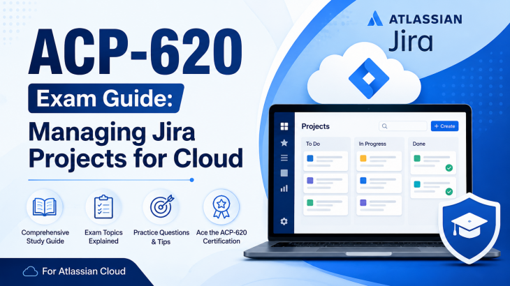 ACP-620 Exam Guide showing Atlassian Jira Cloud project management dashboard on a laptop, with the title "ACP-620 Exam Guide: Managing Jira Projects for Cloud" and icons representing study guides, exam topics, practice questions, and certification success.