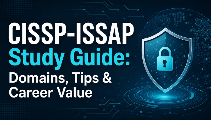 Cybersecurity banner for “CISSP-ISSAP Study Guide: Domains, Tips & Career Value” with bold text, digital circuit background, globe network, shield, and padlock icon.