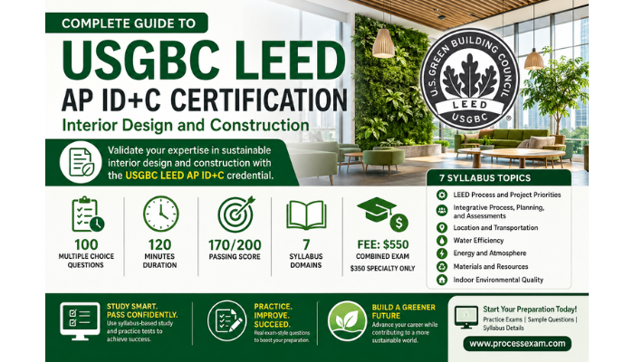 USGBC LEED AP ID+C certification guide infographic showing exam details, syllabus topics, passing score, duration, and sustainable interior design theme.