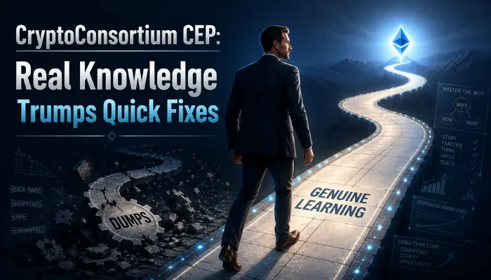 An adult man chooses a bright, winding path of "Genuine Learning" over a dark, broken path labeled "Dumps," symbolizing the right approach to CryptoConsortium CEP certification.