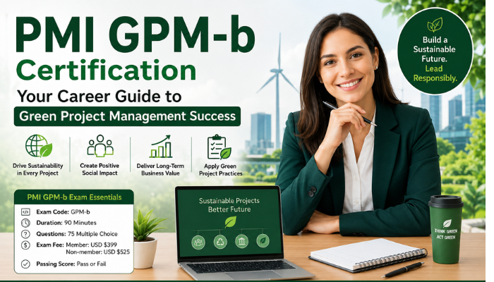 Alt Text: PMI GPM-b Certification career guide banner showing a green project management professional with sustainability icons, exam details, and eco-friendly project themes.