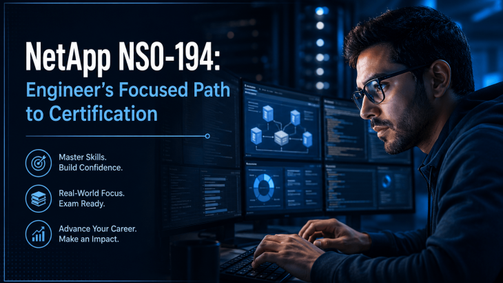 A focused male support engineer studying NetApp NS0-194 exam material on multiple screens in a modern, data-centric environment. The image emphasizes deep concentration and expertise for the NetApp NS0-194 certification.