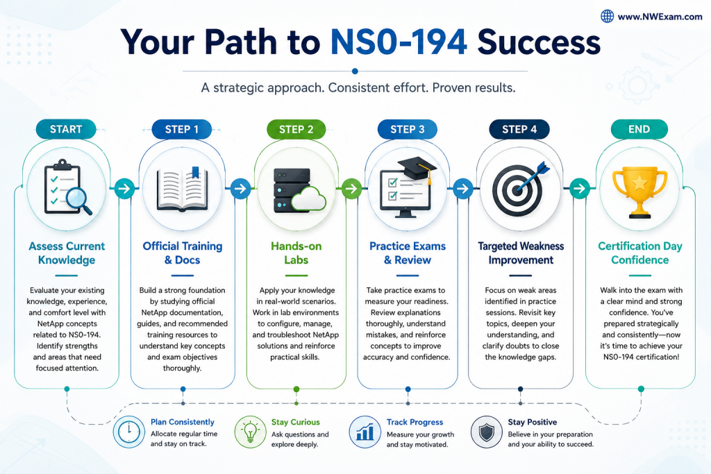 An infographic outlining an optimized preparation flow for the NetApp NS0-194 exam, detailing steps from assessing knowledge to certification day confidence.