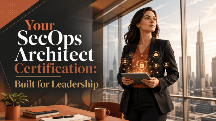 A confident adult woman, a Palo Alto SecOps Architect, stands in a modern office, looking at a cityscape, representing career growth and leadership from the certification.