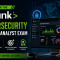 Splunk Cybersecurity Defense Analyst exam featuring the title "Prepare for the Splunk Cybersecurity Defense Analyst Exam," a Splunk security dashboard displayed on a monitor, cybersecurity shield and padlock graphics, and icons representing exam objectives, study guides, practice questions, and certification success for the SPLK-5001 certification.