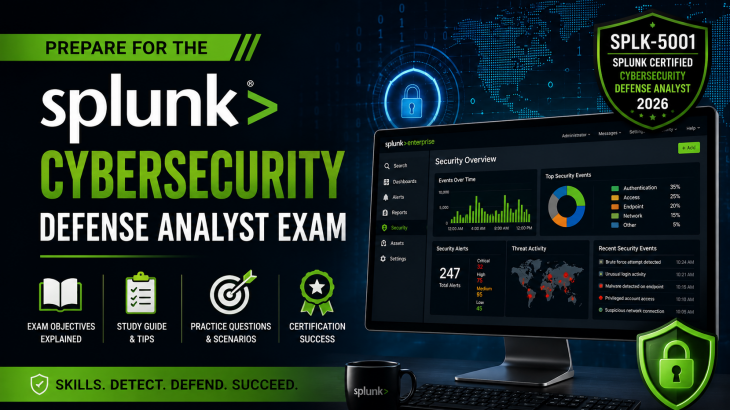 Splunk Cybersecurity Defense Analyst exam featuring the title "Prepare for the Splunk Cybersecurity Defense Analyst Exam," a Splunk security dashboard displayed on a monitor, cybersecurity shield and padlock graphics, and icons representing exam objectives, study guides, practice questions, and certification success for the SPLK-5001 certification.
