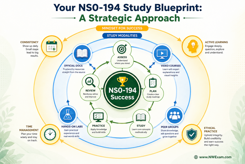 A conceptual infographic illustrating a circular study blueprint for the NS0-194 exam, highlighting preparation phases, study modalities, and a success mindset.