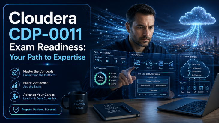 A focused man reviews holographic data dashboards for the Cloudera CDP-0011 exam, symbolizing preparation for data platform expertise. The image highlights advanced analytics and cloud integration.