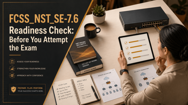 A woman reviews a digital checklist and study materials, assessing her readiness for the Fortinet FCSS_NST_SE-7.6 exam, symbolizing thorough preparation.