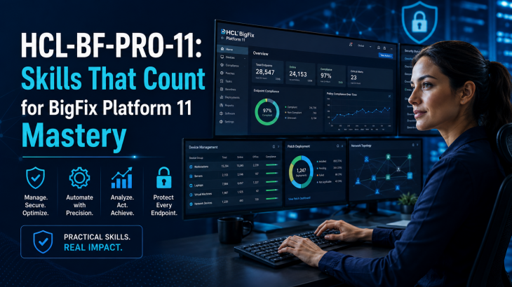 An IT professional confidently managing HCL BigFix Platform 11 dashboards, representing the practical skills validated by the HCL-BF-PRO-11 certification.