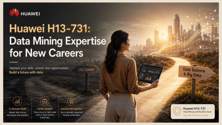 An adult woman at a career crossroads, choosing a path towards data science and big data, symbolizing the career transition enabled by the Huawei H13-731 certification.
