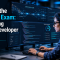 A woman developer intently reviewing Kafka application code and data streams on multiple monitors, representing mastery of CCDAK exam skills. The scene uses a deep navy and cyan color palette.