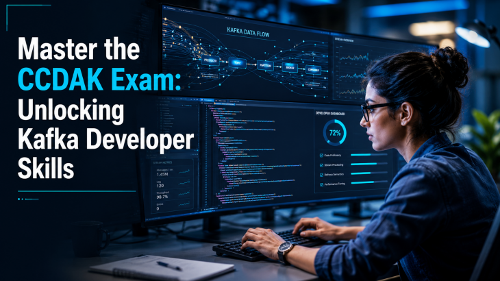 A woman developer intently reviewing Kafka application code and data streams on multiple monitors, representing mastery of CCDAK exam skills. The scene uses a deep navy and cyan color palette.