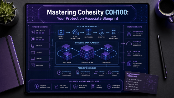 A top-down view of a digital blueprint for a Cohesity data protection architecture, illustrating the structured approach to mastering the COH100 Protection Associate exam syllabus.