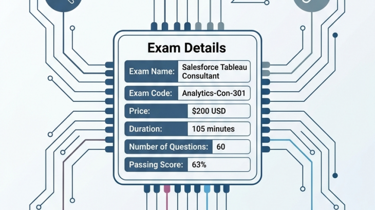 An infographic blueprint details the Salesforce Analytics-Con-301 exam, presenting its core details and the exact syllabus topics with their percentage weightages for a structured overview.