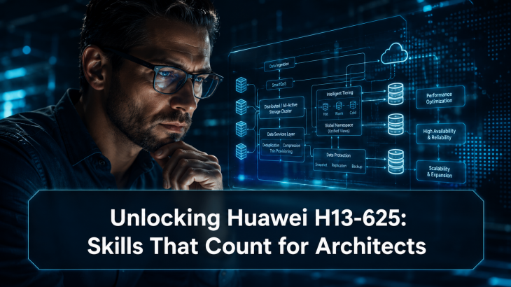 A focused male architect in a cinematic close-up, reviewing a holographic data flow diagram, symbolizing advanced skills validated by Huawei H13-625 certification.
