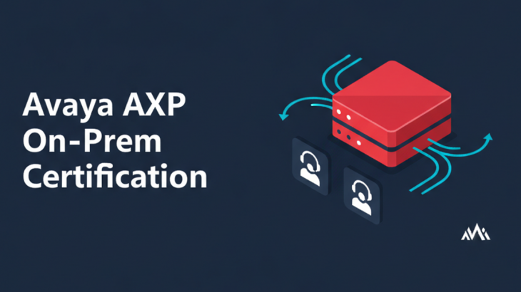 Avaya 20320T certification — isometric AXP On-Prem server with cyan routing paths to agent icons on dark navy
